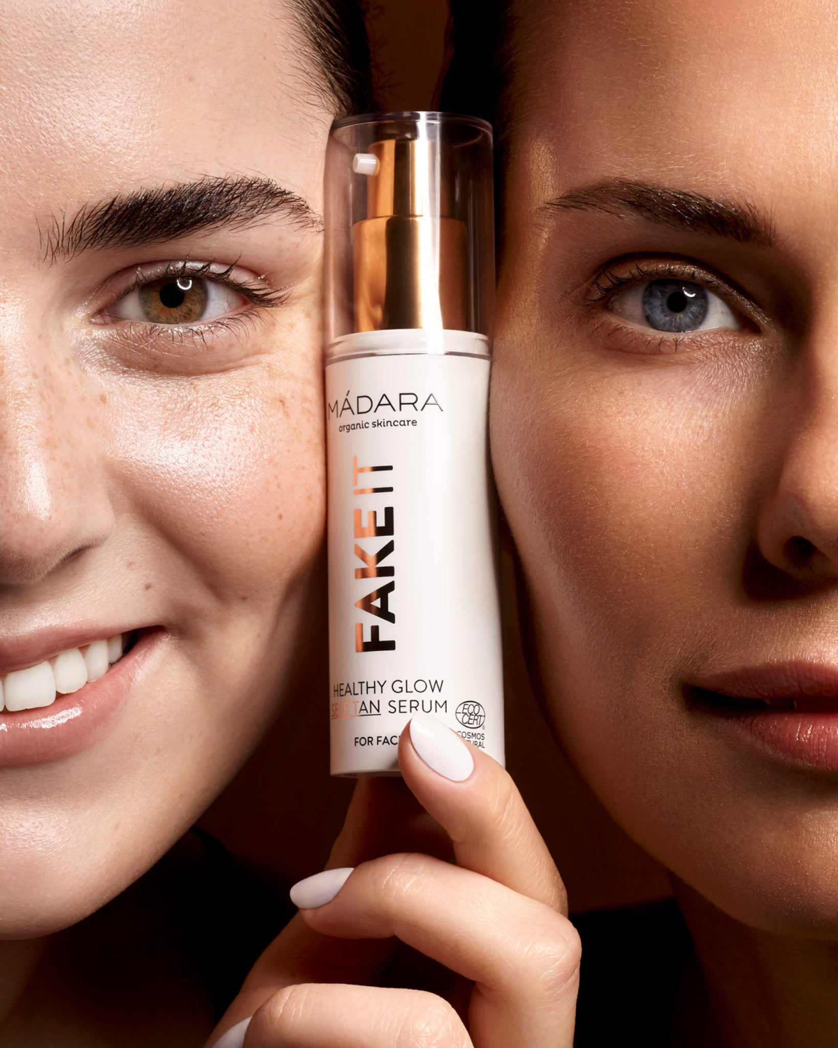 Model wearing MÁDARA Organic Skincare fake tan for face A3421 on skin; close-up portrait shows natural application results.
