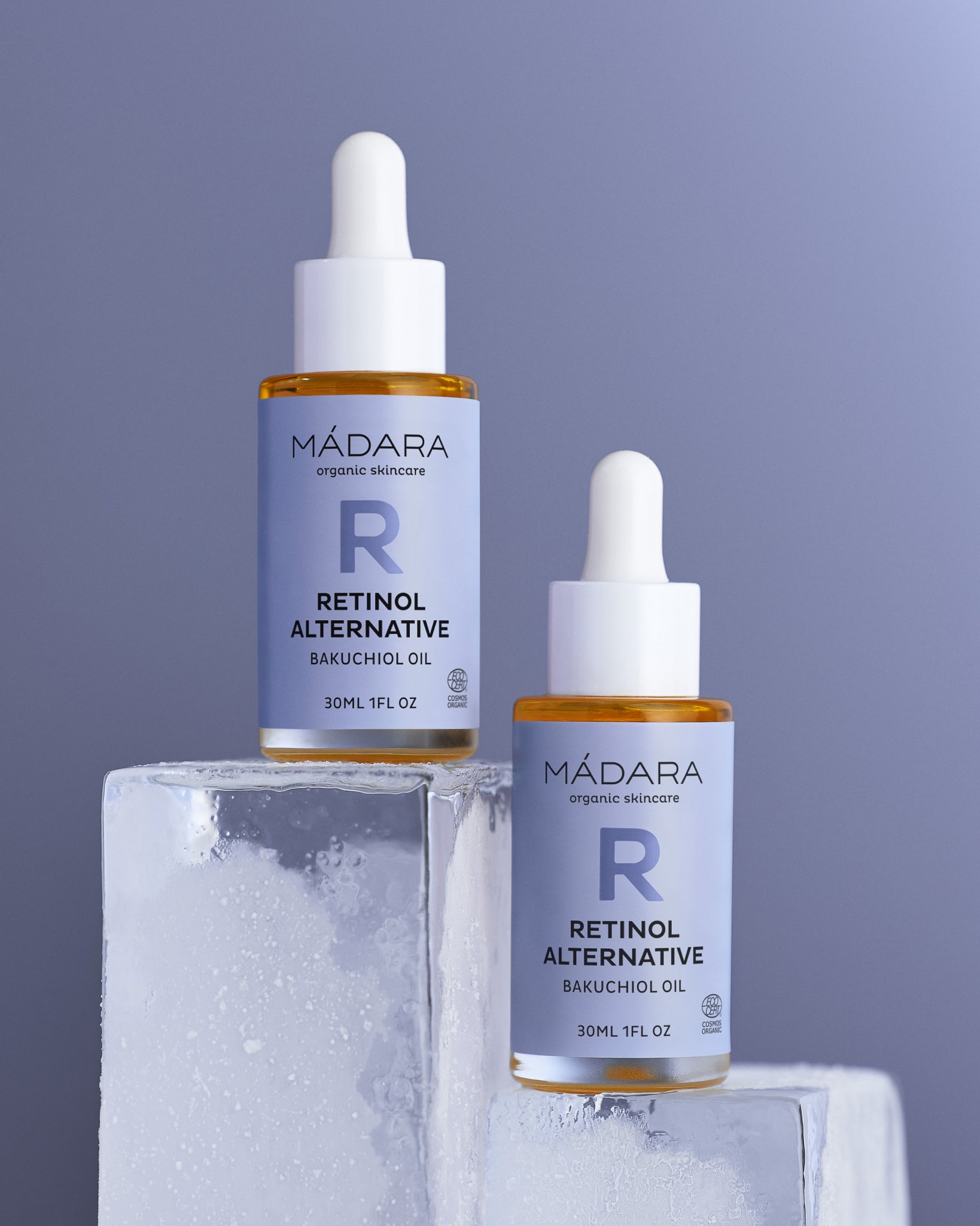 MÁDARA Organic Skincare bakuchiol oil A3366 face oil product photo on plain background.