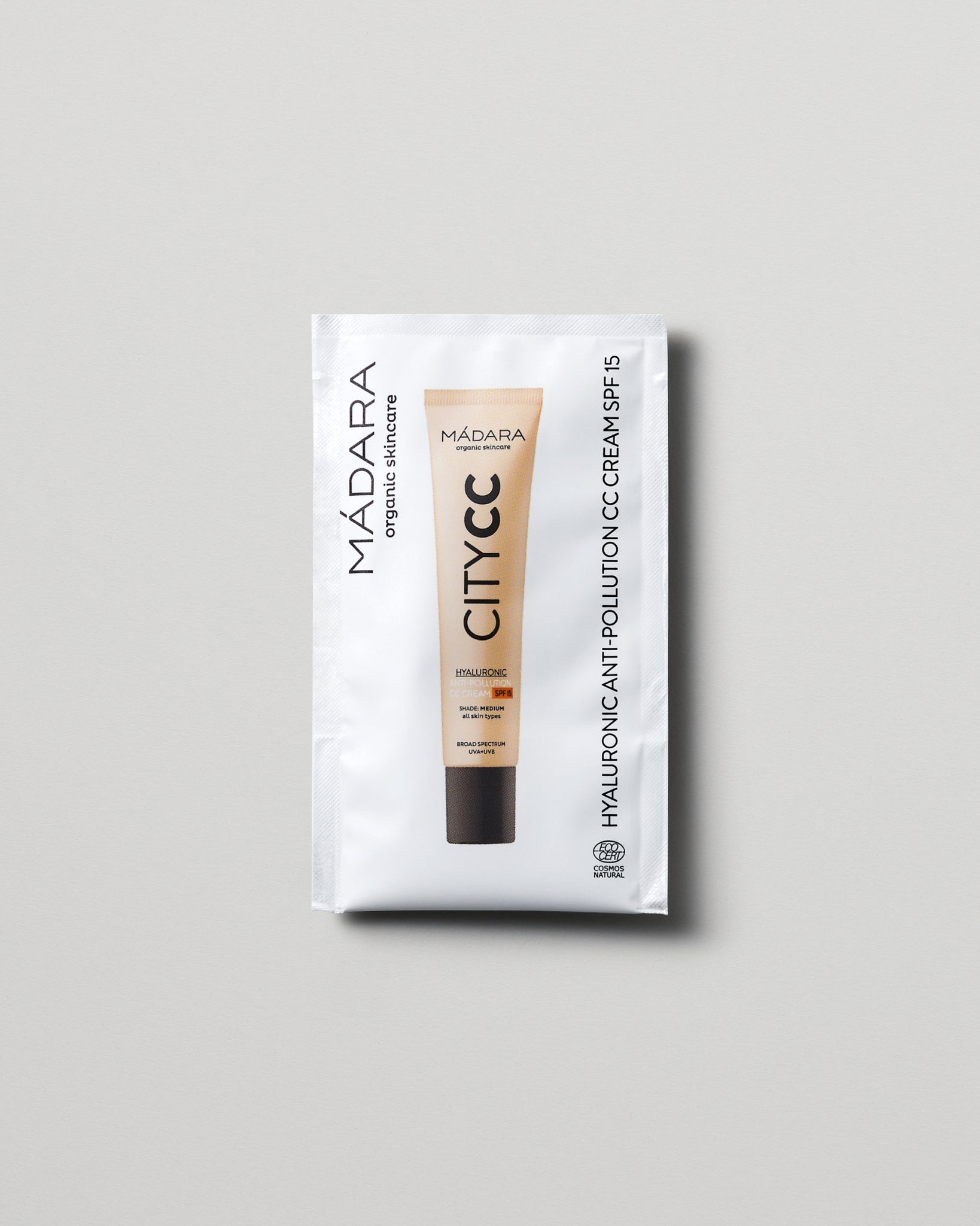 MÁDARA Organic Skincare hyaluronic anti pollution cc cream spf15 medium 2ml SC3412 2 face cream product photo on plain background.