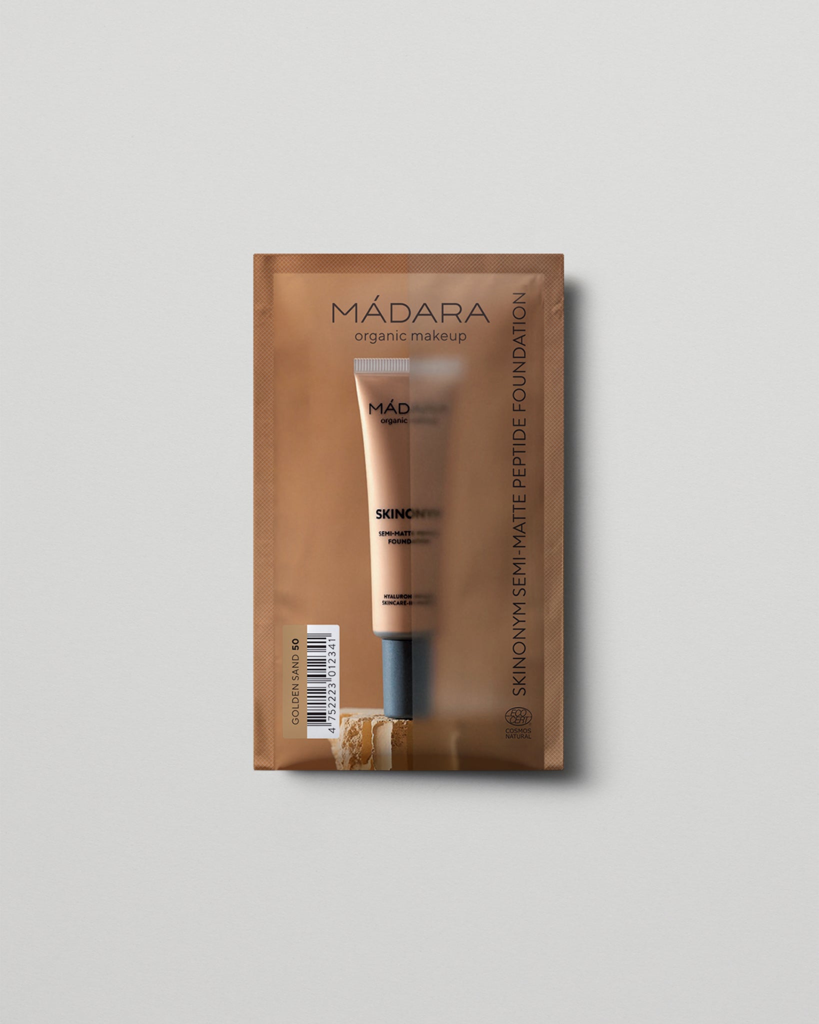 MÁDARA Organic Skincare semi matte peptide foundation golden sand 2ml SC6086 2 foundation product photo on plain background.