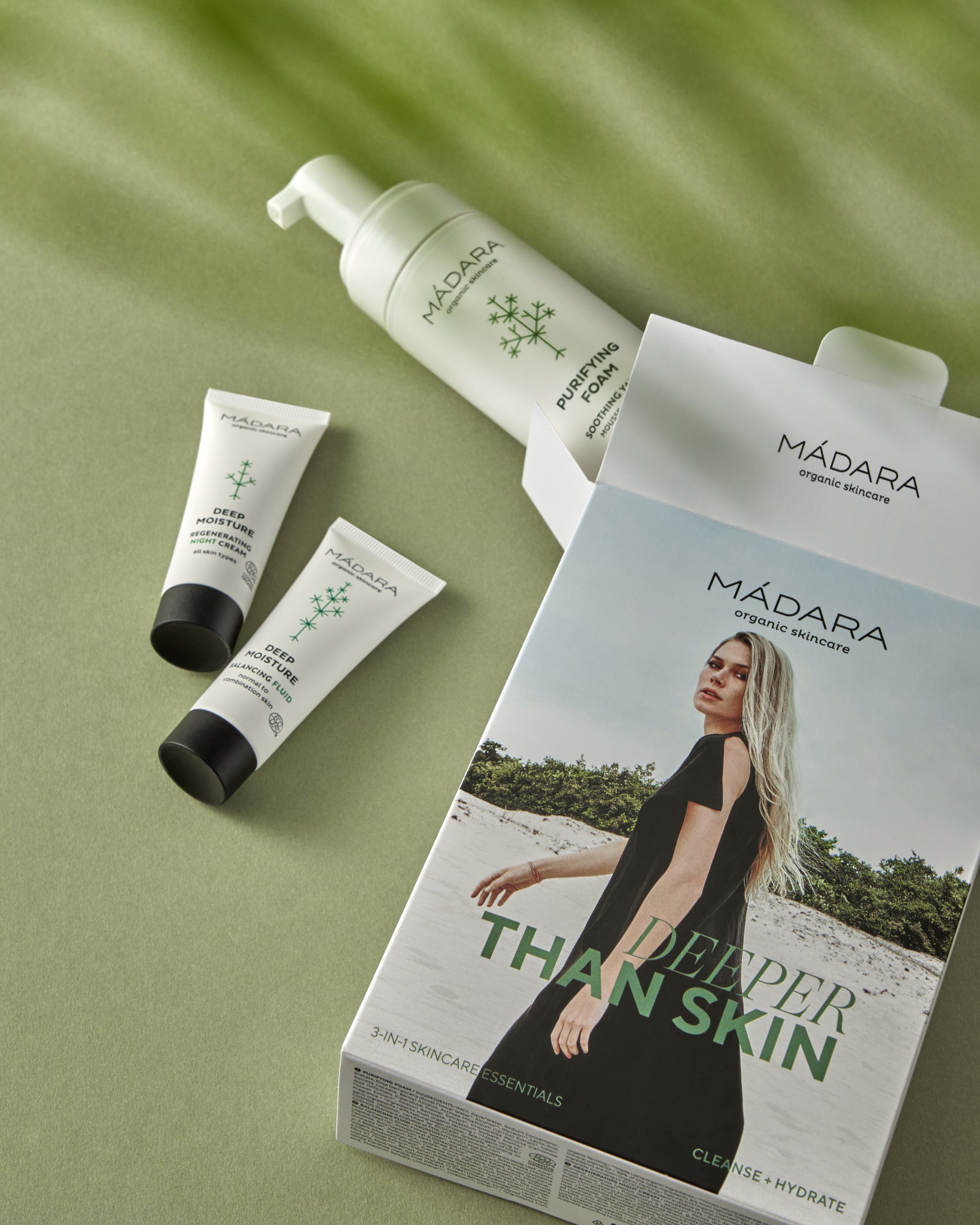 MÁDARA Organic Skincare 3 in 1 skincare essentials A0001 product photo on plain background.