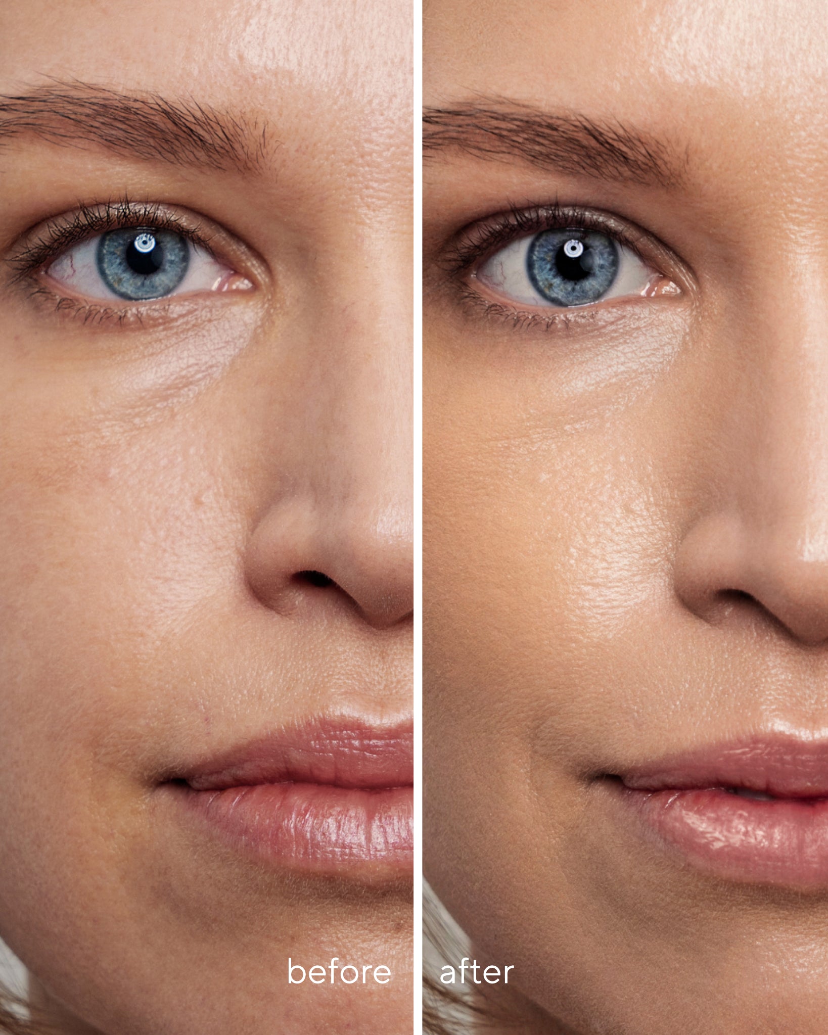 Model wearing MÁDARA Organic Skincare cc cream medium on SM3412 15 face cream on skin; close-up portrait shows natural application results.