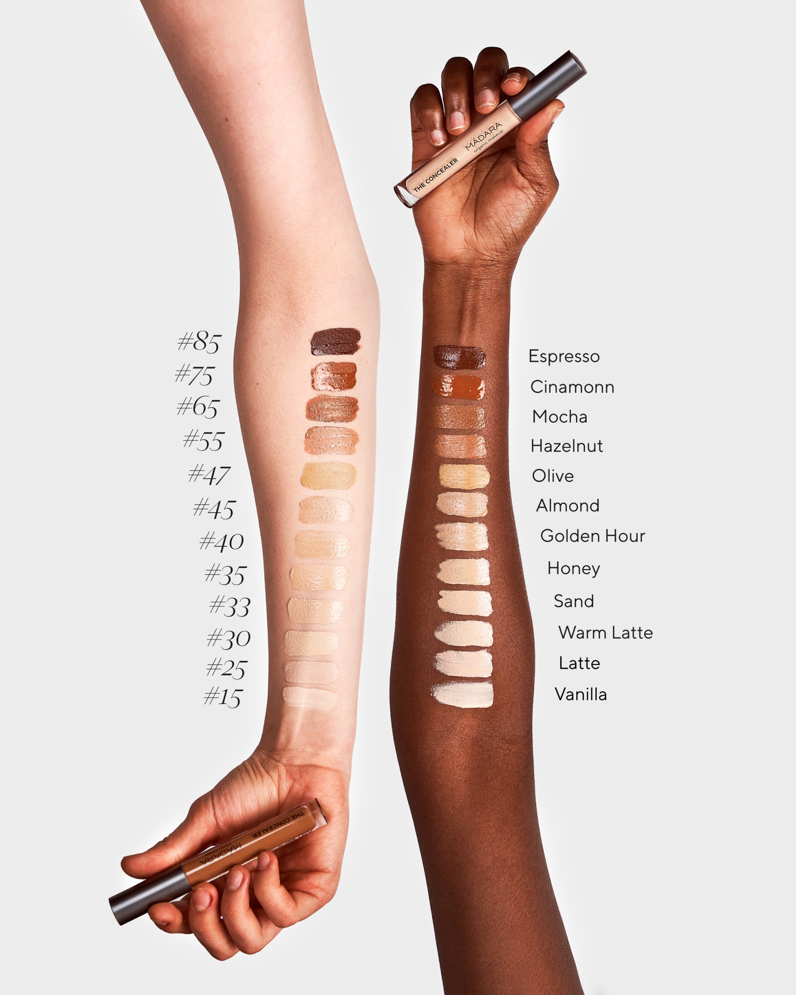 Texture close-up of MÁDARA Organic Skincare concealer swatches A6101 concealer �swatch demonstrates consistency and finish.