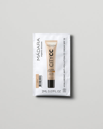 MÁDARA Organic Skincare hyaluronic anti pollution cc cream spf15 light 2ml SC3411 2 face cream product photo on plain background.