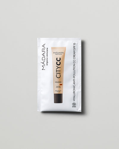 MÁDARA Organic Skincare hyaluronic anti pollution cc cream spf15 tan 2ml SC3413 2 face cream product photo on plain background.